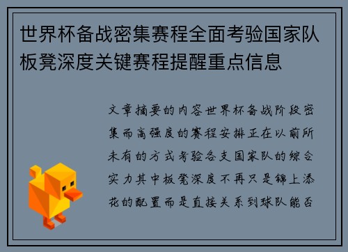 世界杯备战密集赛程全面考验国家队板凳深度关键赛程提醒重点信息