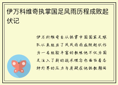 伊万科维奇执掌国足风雨历程成败起伏记 伊万科维奇执掌国足风雨历程成败起伏记