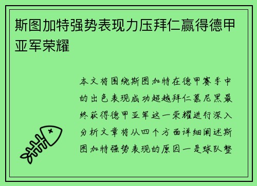 斯图加特强势表现力压拜仁赢得德甲亚军荣耀 斯图加特强势表现力压拜仁赢得德甲亚军荣耀